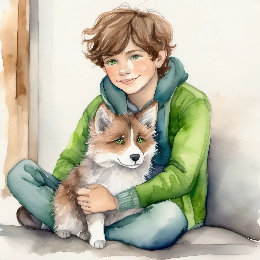 brave boy with brown hair and friendly brown eyes and the tiny and fluffy, with soft gray fur and bright green eyes snuggling up together and feeling happy