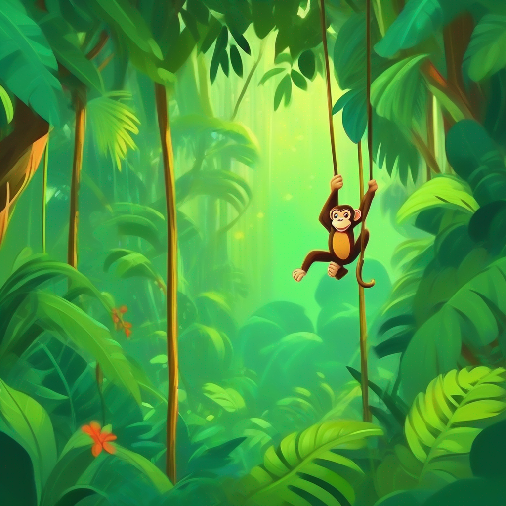 Green jungle with a playful monkey swinging from the trees.