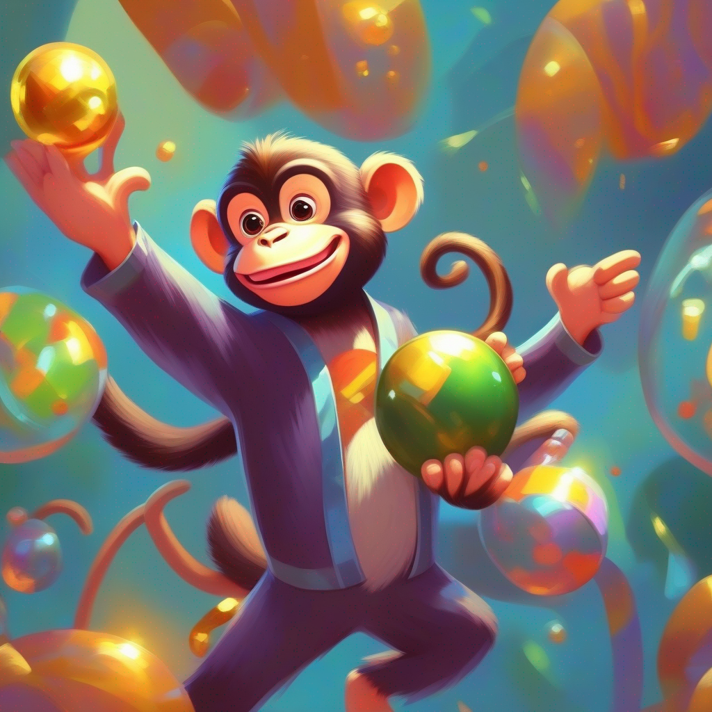 Excited monkey holding a shiny object in his hand.