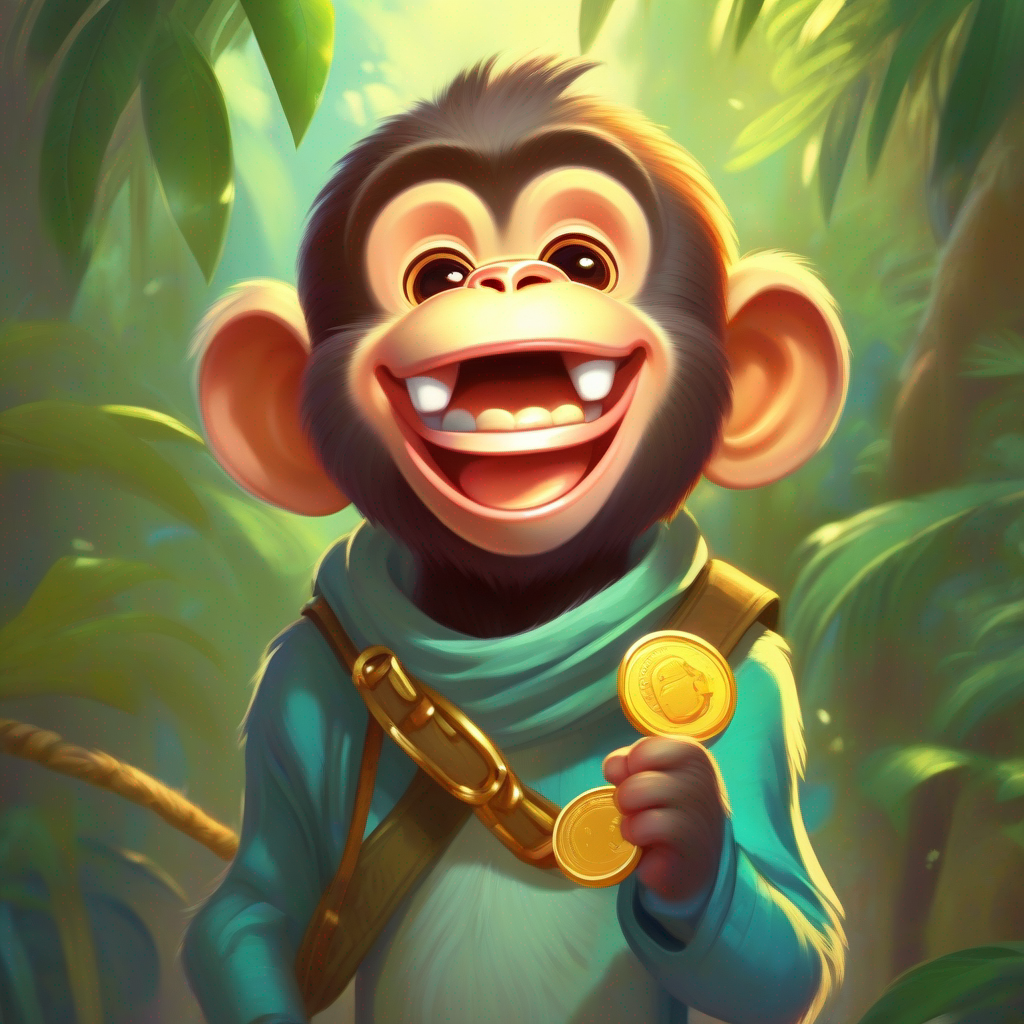 Happy monkey with a coin in one hand and a smile on his face.