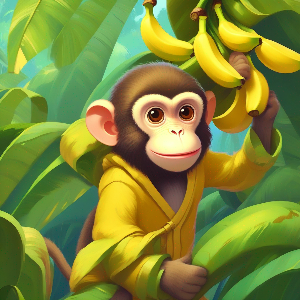 Eager monkey carrying a bunch of bananas in his arms.