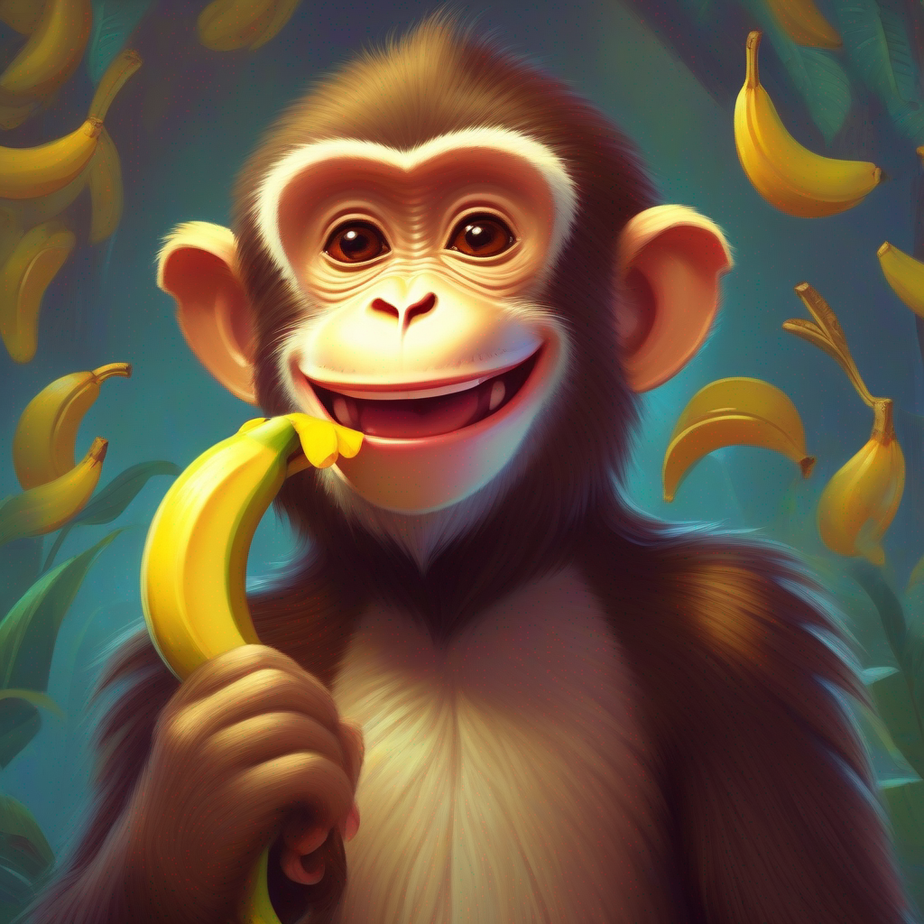 Grateful monkey with a banana in hand and a grateful smile.