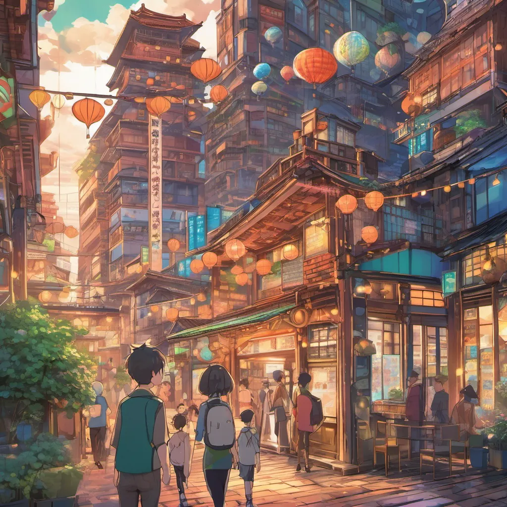 Whimsical illustration of a girl and boy in a bustling city; buildings tower overhead