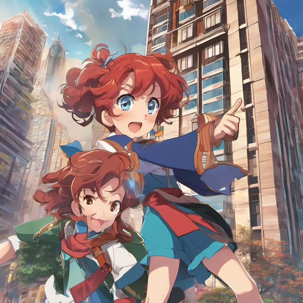 A cheerful girl with bouncy red curls and bright eyes and A sweet boy with bright blue eyes, younger brother of Bogey looking determined, pointing at a very tall skyscraper