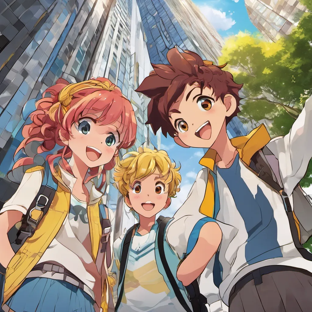 A cheerful girl with bouncy red curls and bright eyes, A sweet boy with bright blue eyes, younger brother of Bogey, and A friendly girl with sunshine-yellow braids and a big smile looking up at the tall skyscraper with determination