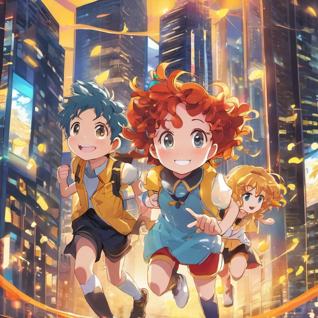 A cheerful girl with bouncy red curls and bright eyes, A sweet boy with bright blue eyes, younger brother of Bogey, and A friendly girl with sunshine-yellow braids and a big smile holding hands, running towards the skyscraper; their dreams, represented by glowing orbs, floating above them