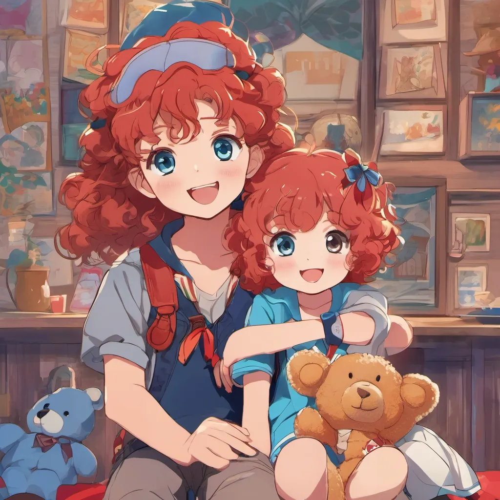 A cheerful girl with bouncy red curls and bright eyes holding a penny, A sweet boy with bright blue eyes, younger brother of A cheerful girl with bouncy red curls and bright eyes hugging a teddy bear, both looking excited