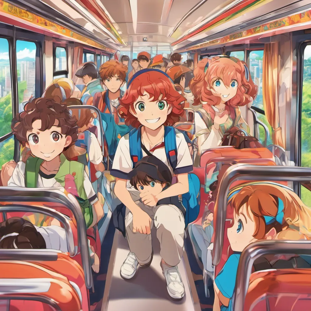 A cheerful girl with bouncy red curls and bright eyes and A sweet boy with bright blue eyes, younger brother of Bogey on a crowded, colorful bus with other passengers