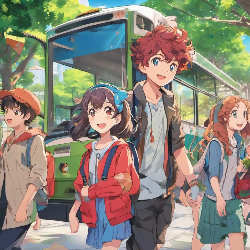 A cheerful girl with bouncy red curls and bright eyes and A sweet boy with bright blue eyes, younger brother of Bogey stepping off a bus into a vibrant city park, people playing around