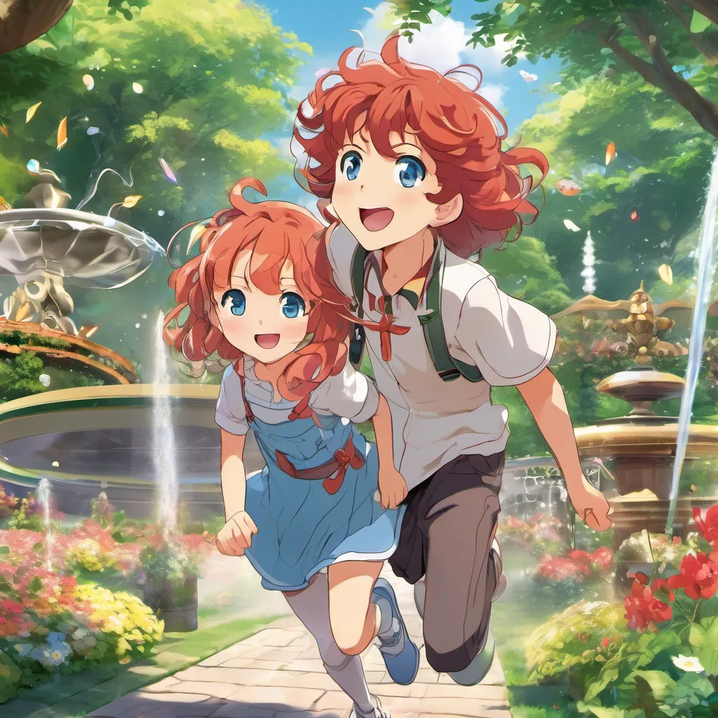 A cheerful girl with bouncy red curls and bright eyes and A sweet boy with bright blue eyes, younger brother of Bogey laughing, running through a lively park with a fountain