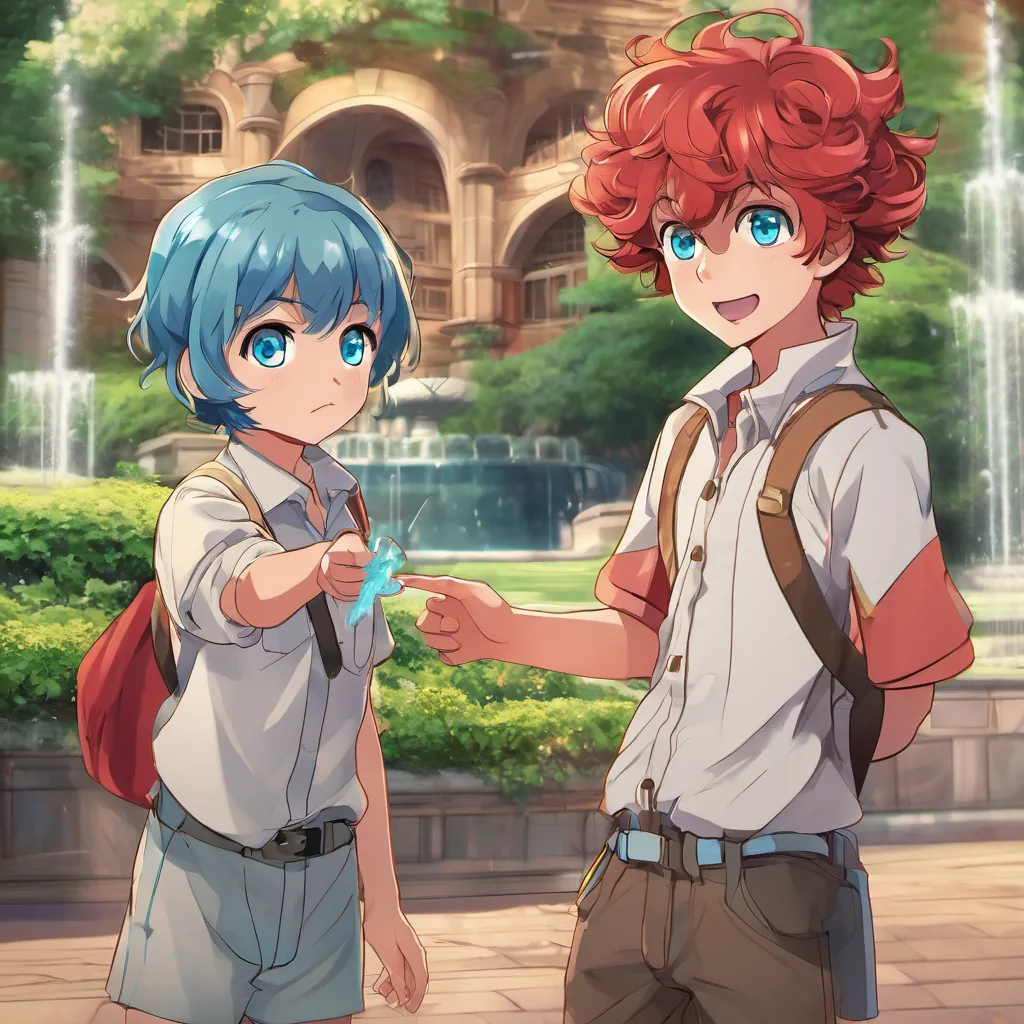 A sweet boy with bright blue eyes, younger brother of Bogey pointing at the fountain, looking sad, A cheerful girl with bouncy red curls and bright eyes looking concerned