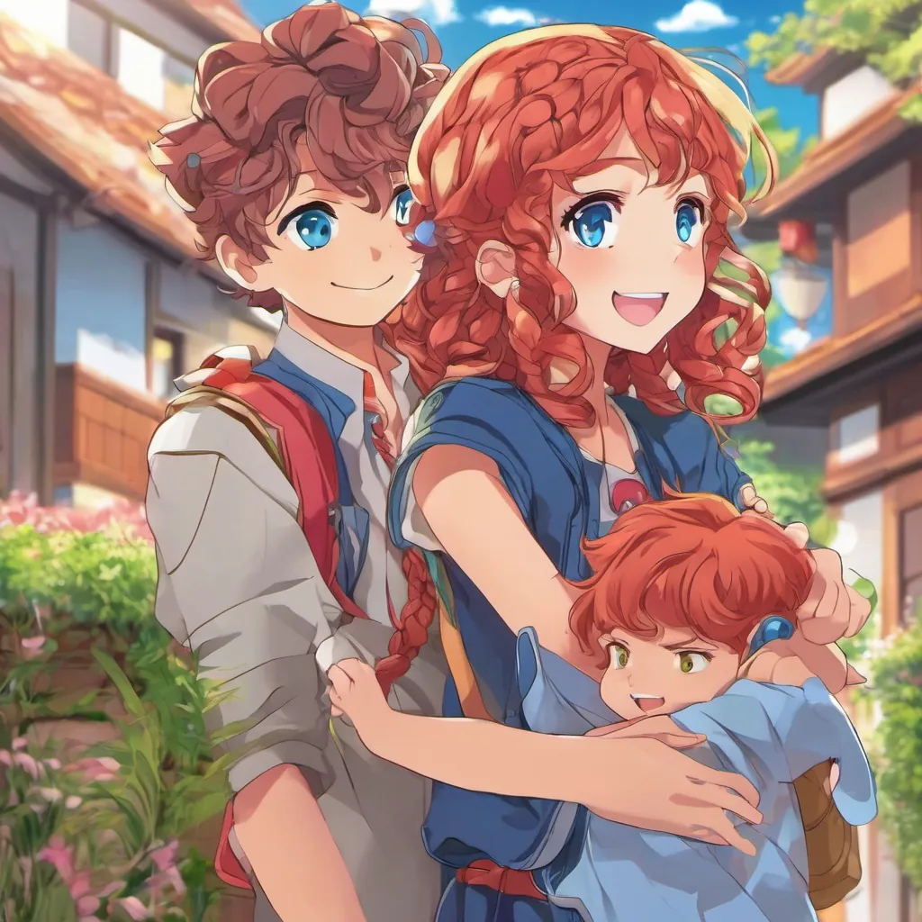 A girl with braids handing Mr. Snuggles to A sweet boy with bright blue eyes, younger brother of Bogey, A cheerful girl with bouncy red curls and bright eyes smiling in the background