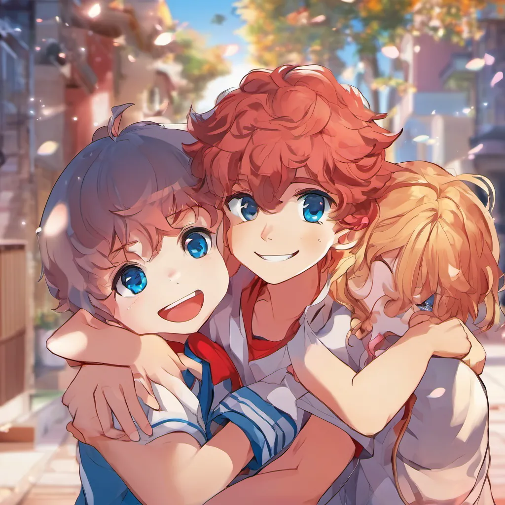 A sweet boy with bright blue eyes, younger brother of Bogey hugging Mr. Snuggles, tears drying on his cheeks, A cheerful girl with bouncy red curls and bright eyes and the girl smiling