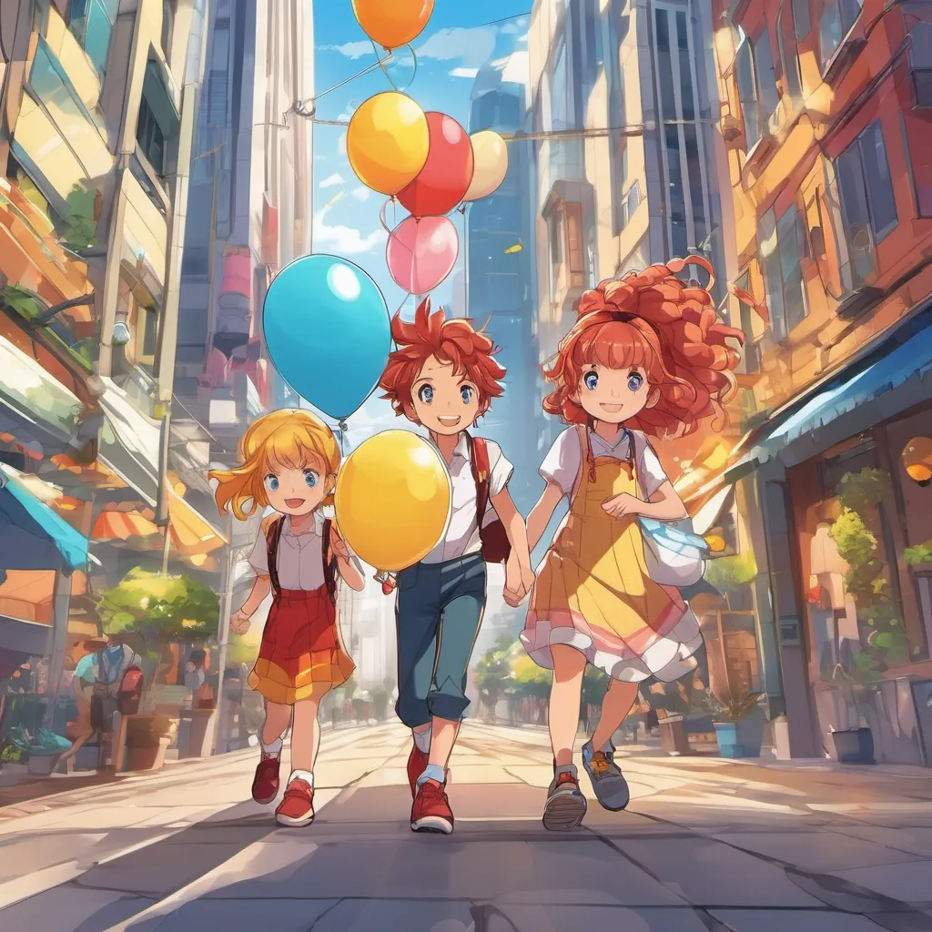 A cheerful girl with bouncy red curls and bright eyes, A sweet boy with bright blue eyes, younger brother of Bogey, and A friendly girl with sunshine-yellow braids and a big smile walking together; A friendly girl with sunshine-yellow braids and a big smile holds a red balloon, the skyscraper in the background