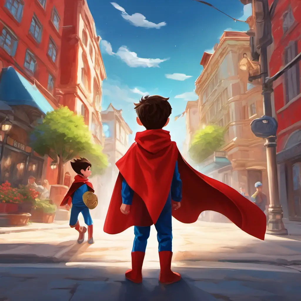 The story begins in the city of Sunnyville, introducing Alex, a little boy with superpowers. He is shown putting on a red cape and adopting the persona of A little boy with superpowers, red cape, blue eyes, and a desire to help others.