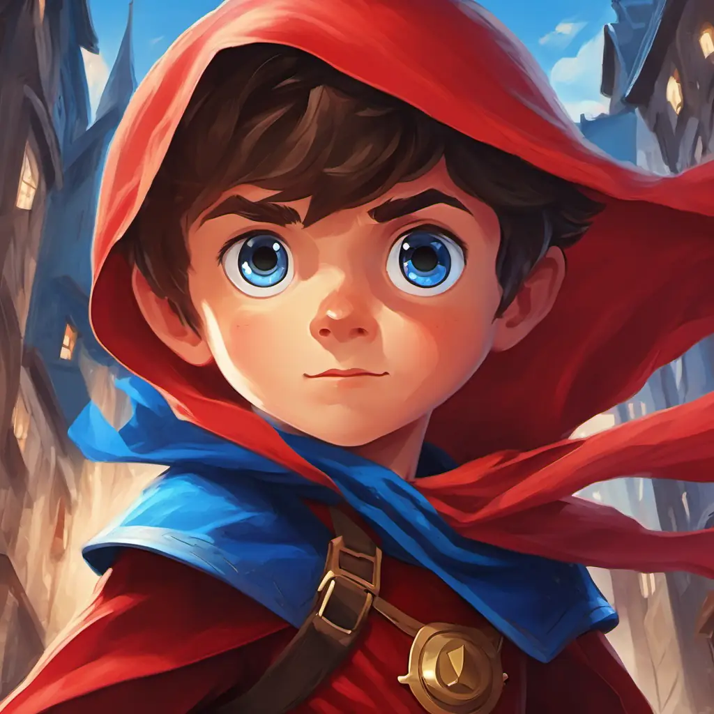 A little boy with superpowers, red cape, blue eyes, and a desire to help others is described as having super speed, blue eyes that sparkle, and using his super strength to help others.