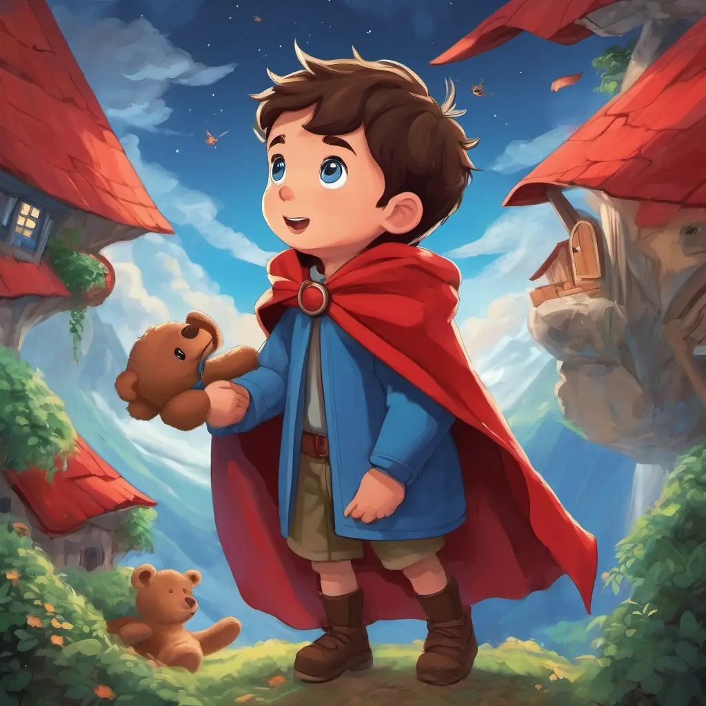 A little boy with superpowers, red cape, blue eyes, and a desire to help others responds to a cry for help from Sarah. He uses his flying ability to search for Sarah's lost teddy bear and returns it to her, bringing joy to her face.