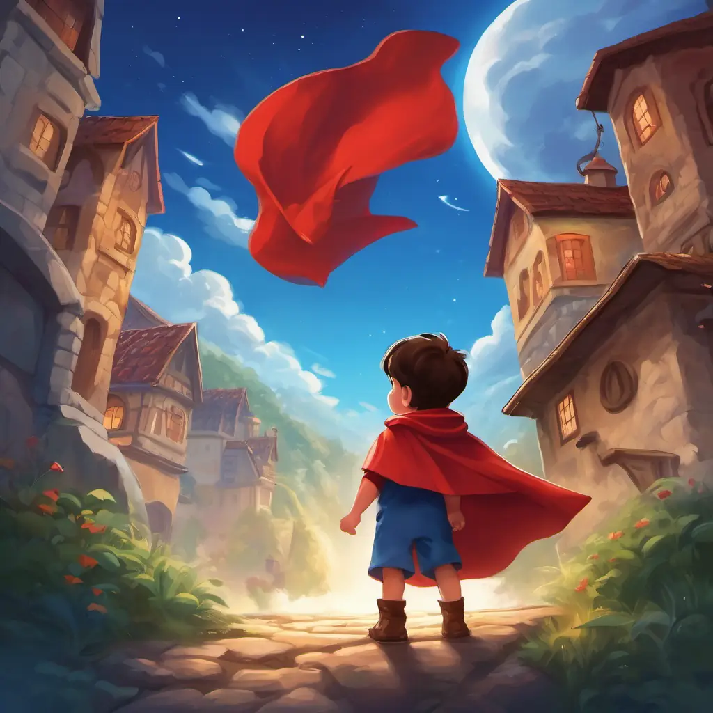 The people of Sunnyville admire and appreciate A little boy with superpowers, red cape, blue eyes, and a desire to help others's good deeds. They create a special signal in the sky to call for his help, which A little boy with superpowers, red cape, blue eyes, and a desire to help others is grateful for.