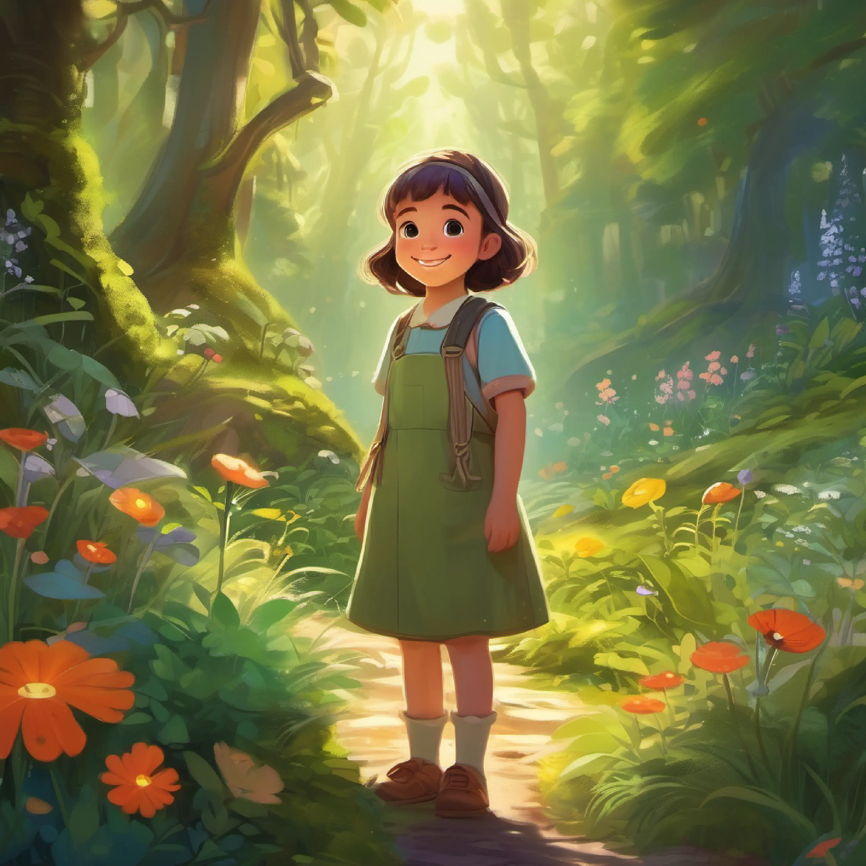 Introduction to Little girl with wide, curious eyes and a bright smile and the magical herb forest setting.