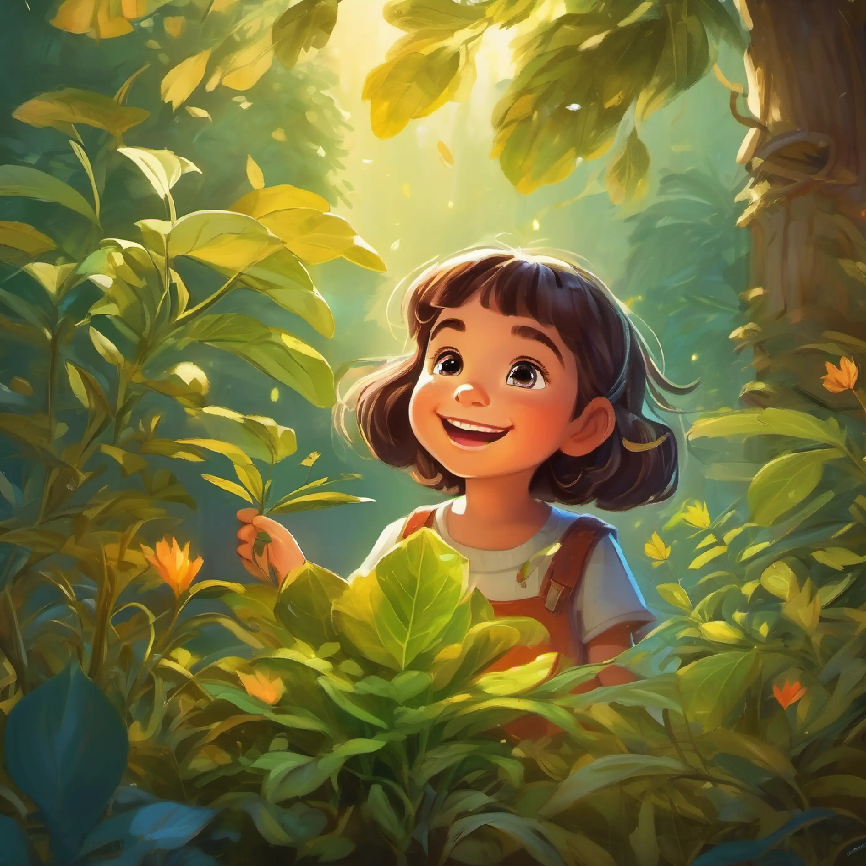 Little girl with wide, curious eyes and a bright smile discovers the Dreamleaf herb and hears a mysterious voice.