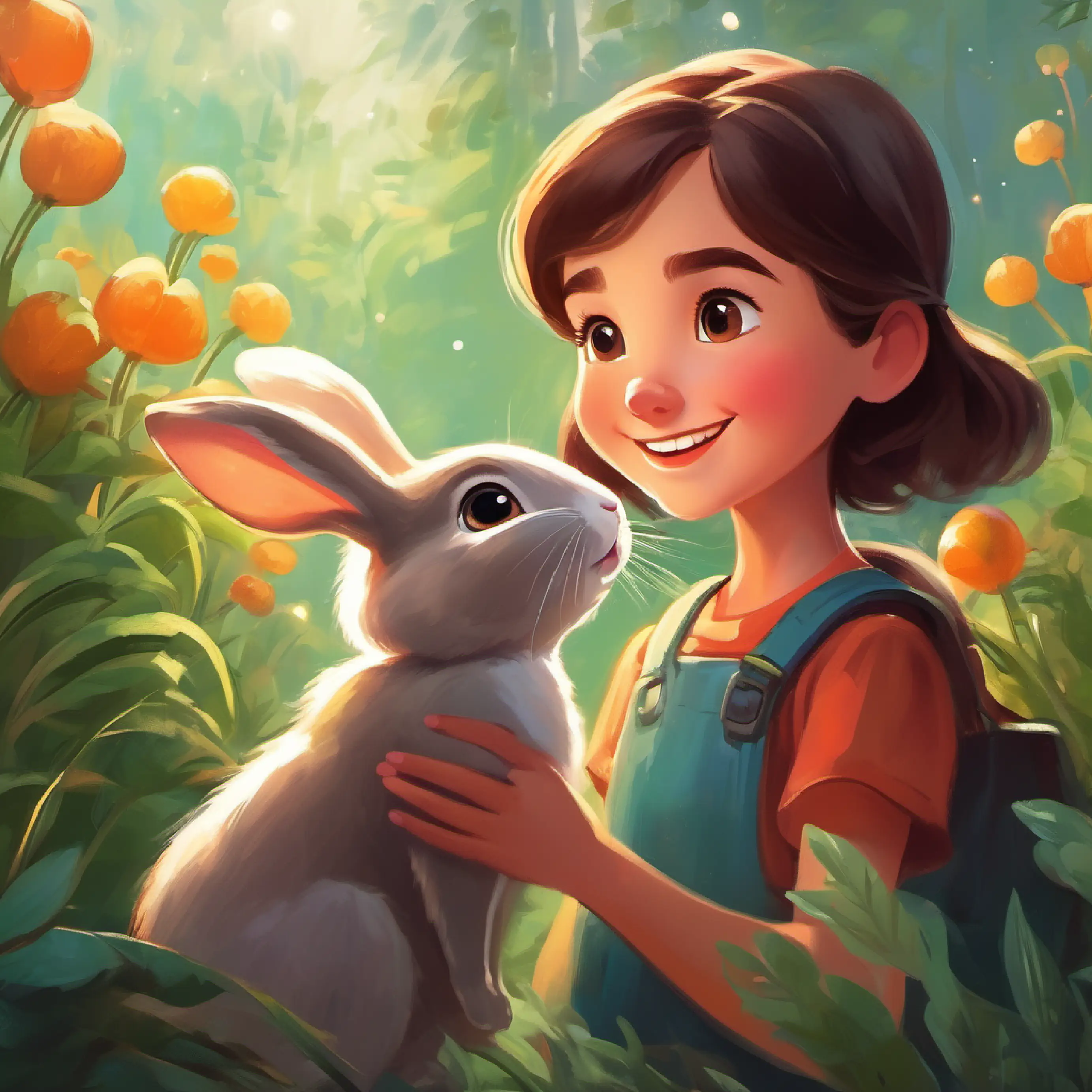 Little girl with wide, curious eyes and a bright smile meets Small, friendly rabbit with a twinkle in her eyes, the guardian rabbit of the herbs.