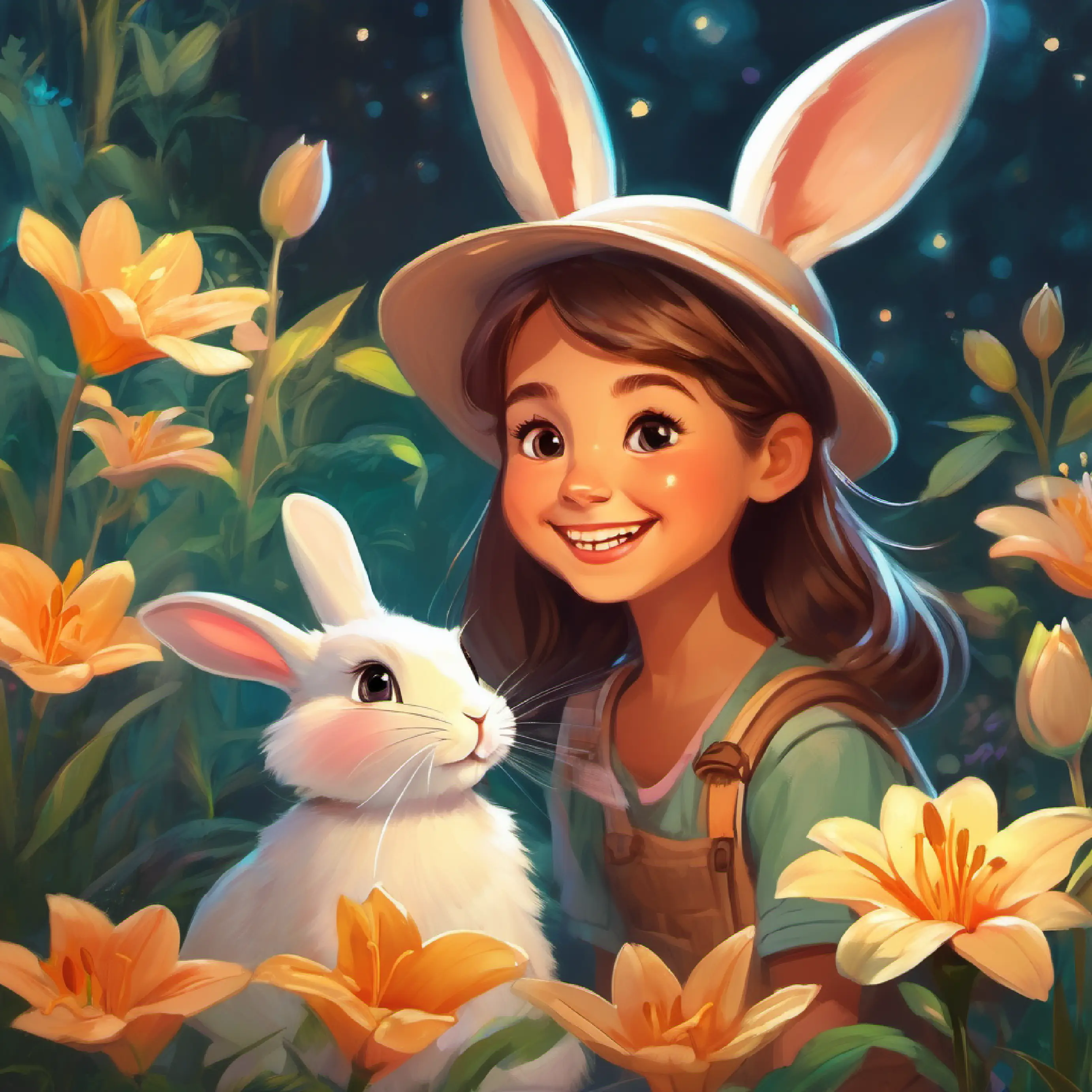 Small, friendly rabbit with a twinkle in her eyes shows Little girl with wide, curious eyes and a bright smile Laughing Lilies and Mellowmint.