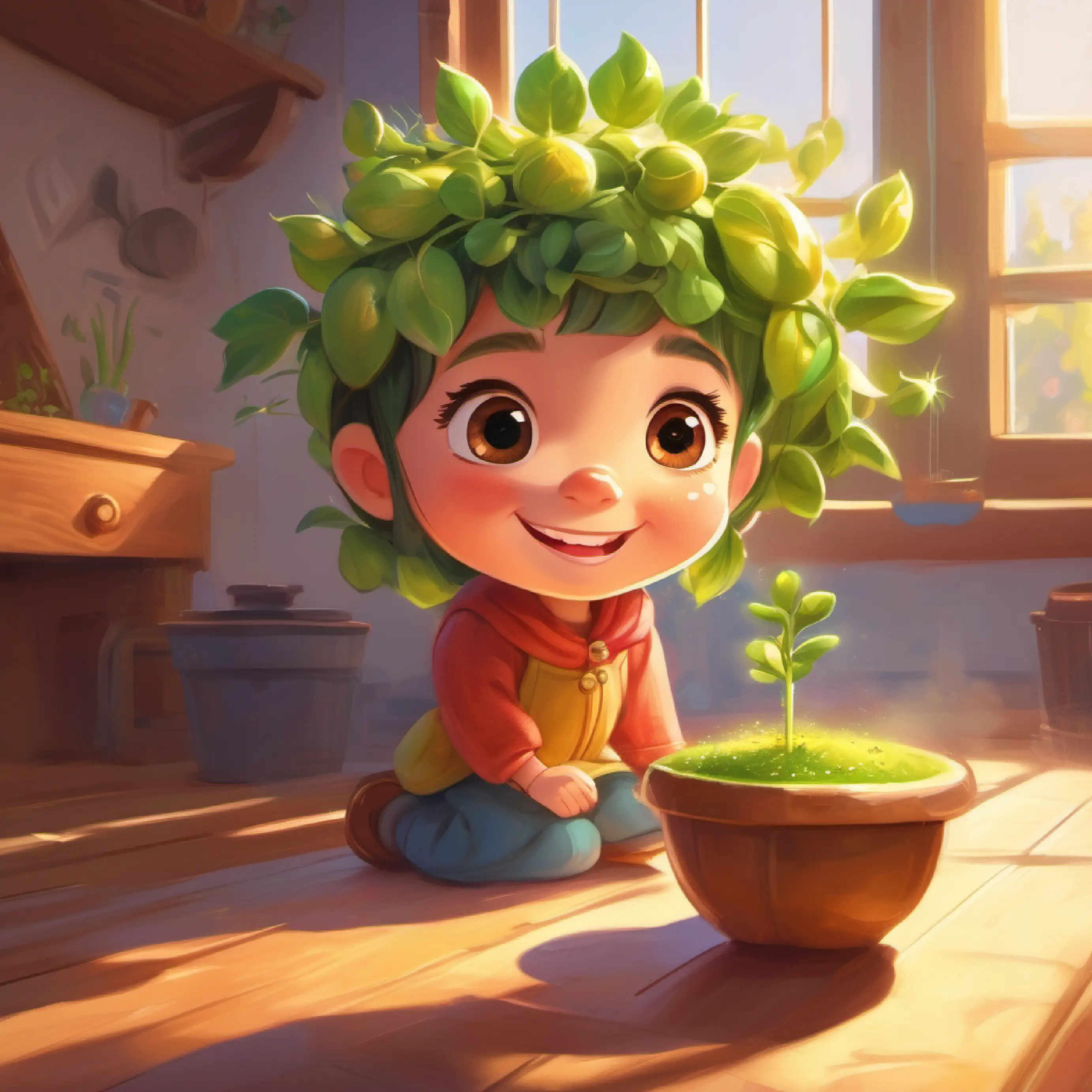 Little girl with wide, curious eyes and a bright smile tries a Sunshine Sprout and feels warm.