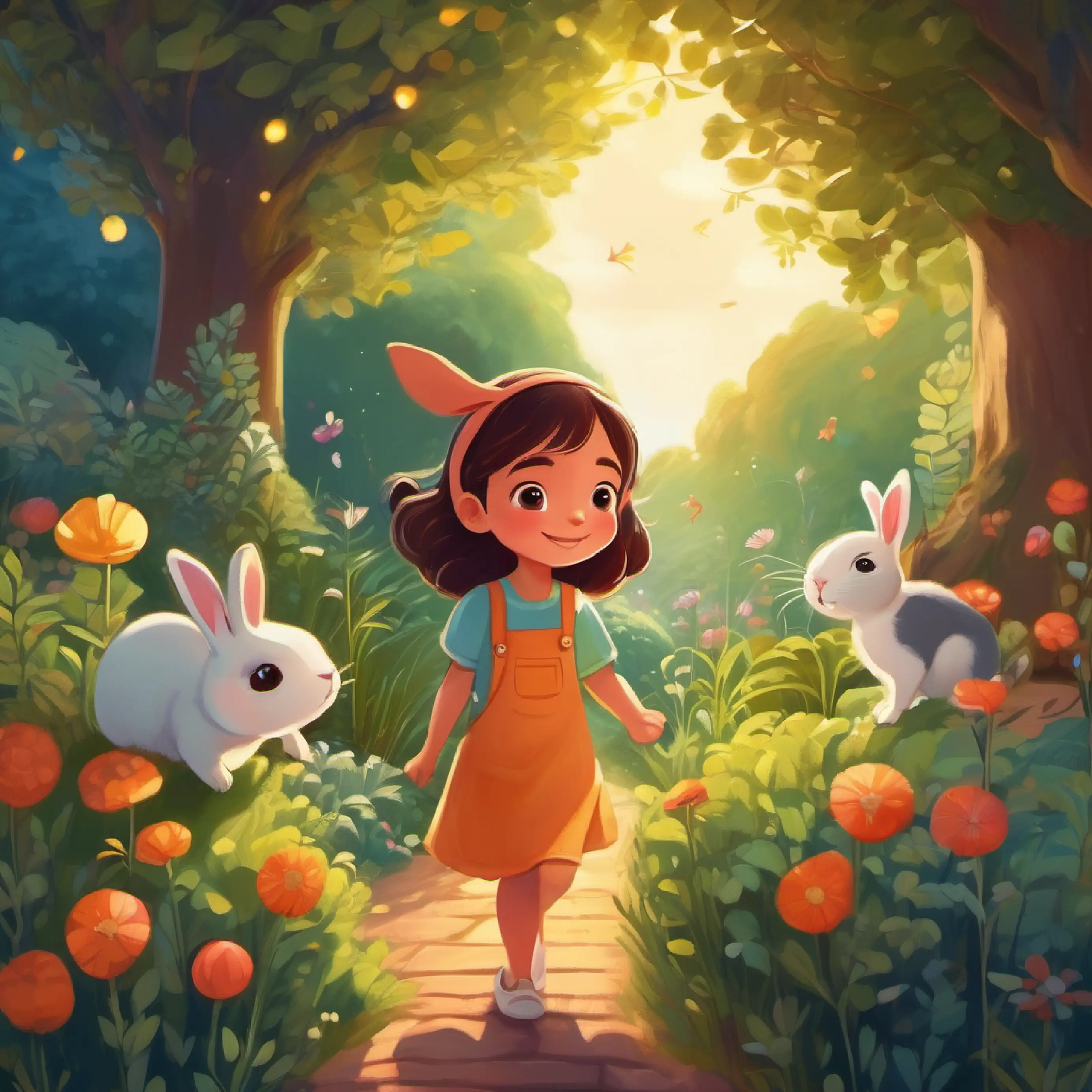 Little girl with wide, curious eyes and a bright smile dreams of her own herb garden after waving goodbye to Small, friendly rabbit with a twinkle in her eyes.