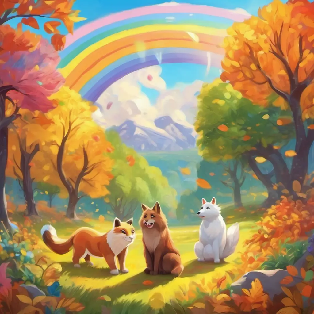 Happy animal friends in a sunny land of rainbows