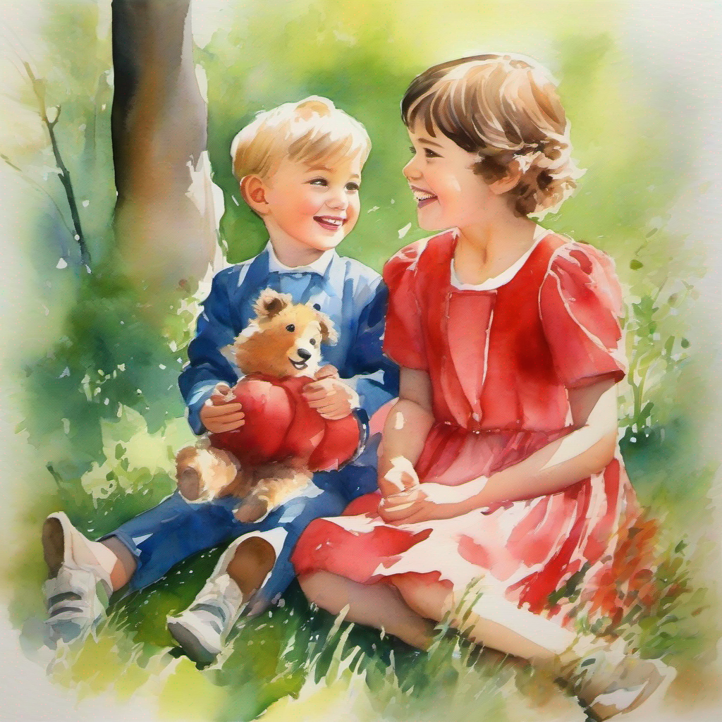 Kind Aunt with red dress and loving smile, joyful forest, two boys sitting and listening