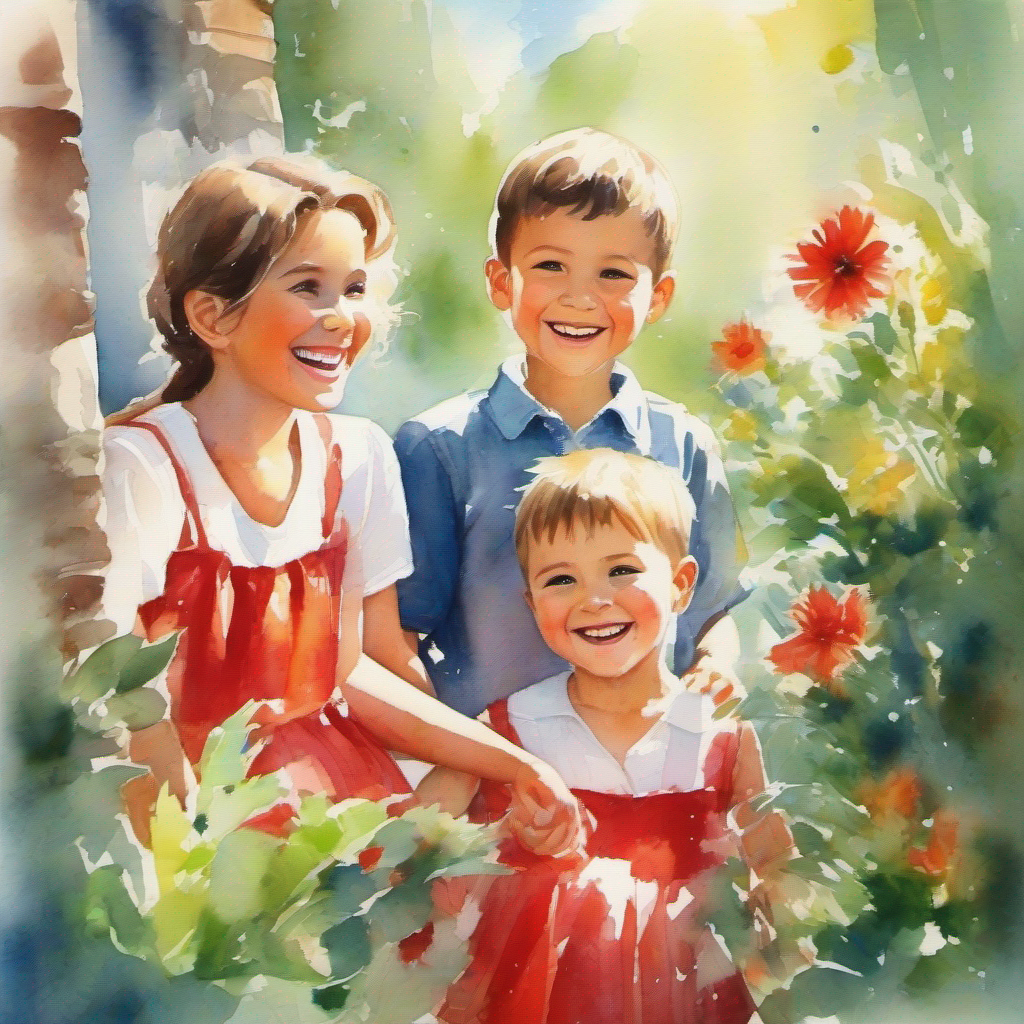 Smiling Kind Aunt with red dress and loving smile, shining sunbeam, boys promising to be honest