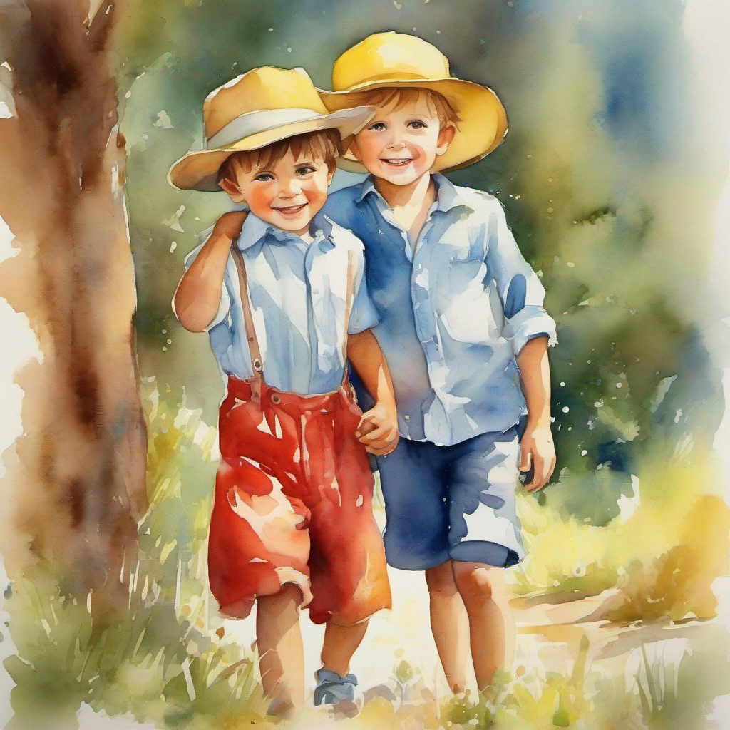 Curious boy with blue shirt and a mischievous twinkle and Sweet little boy with a yellow hat and giggly eyes being honest and kind, Kind Aunt with red dress and loving smile hugging