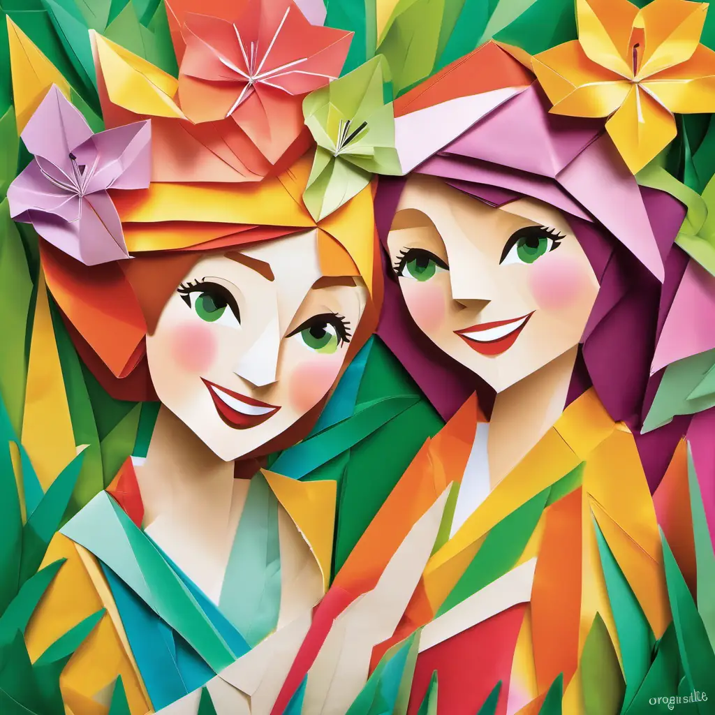 Lily: Happy, with brown eyes and glowing skin, always smiling and Millie: Playful, with green eyes and rosy cheeks, full of fun and laughter, two colorful women, giggling and hugging in a cheerful garden.