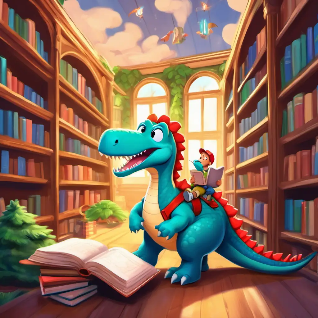 Dino and Rex at the library, searching for sight words in a book.