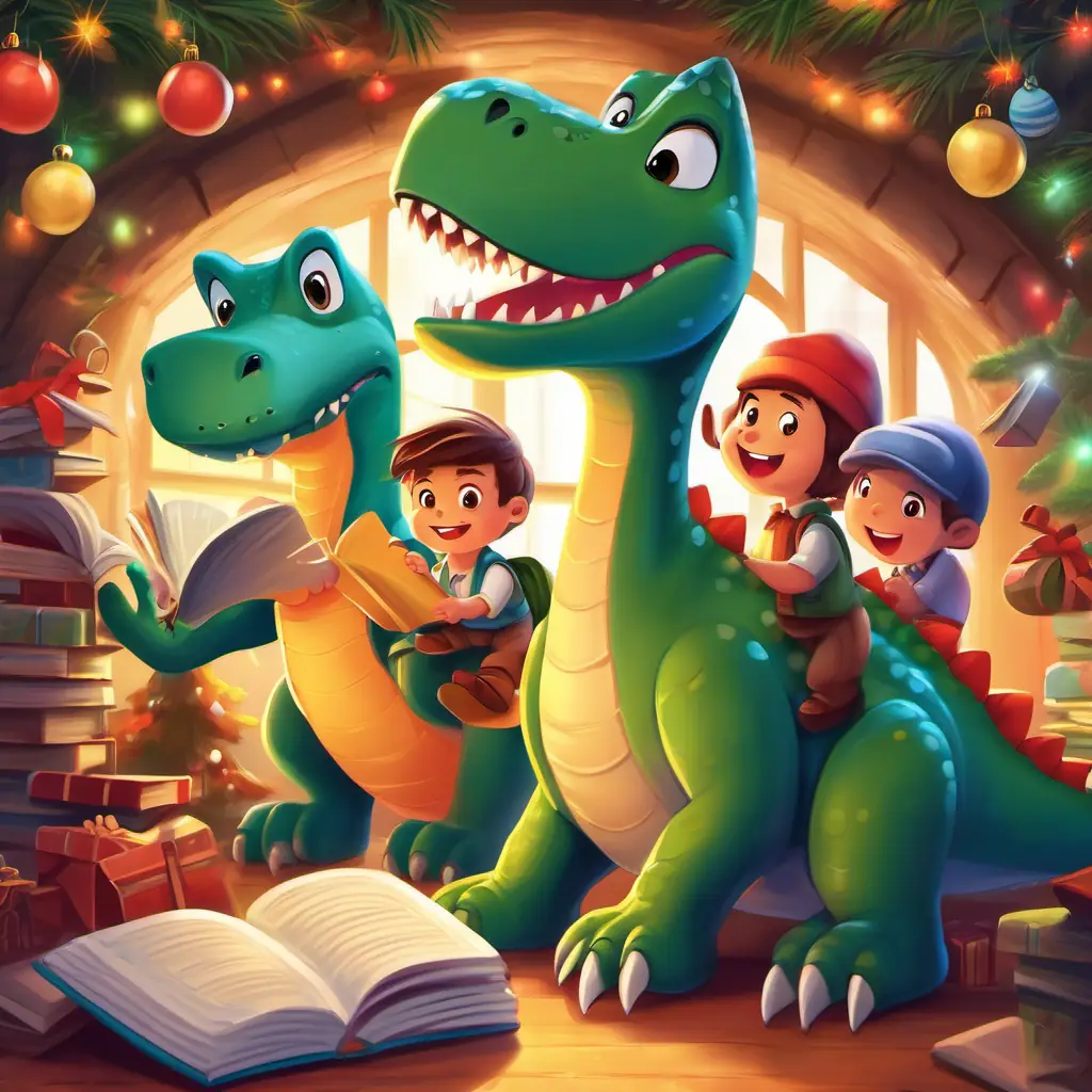 Dino, Rex, and other friends feeling closer and realizing the power of teamwork through reading.