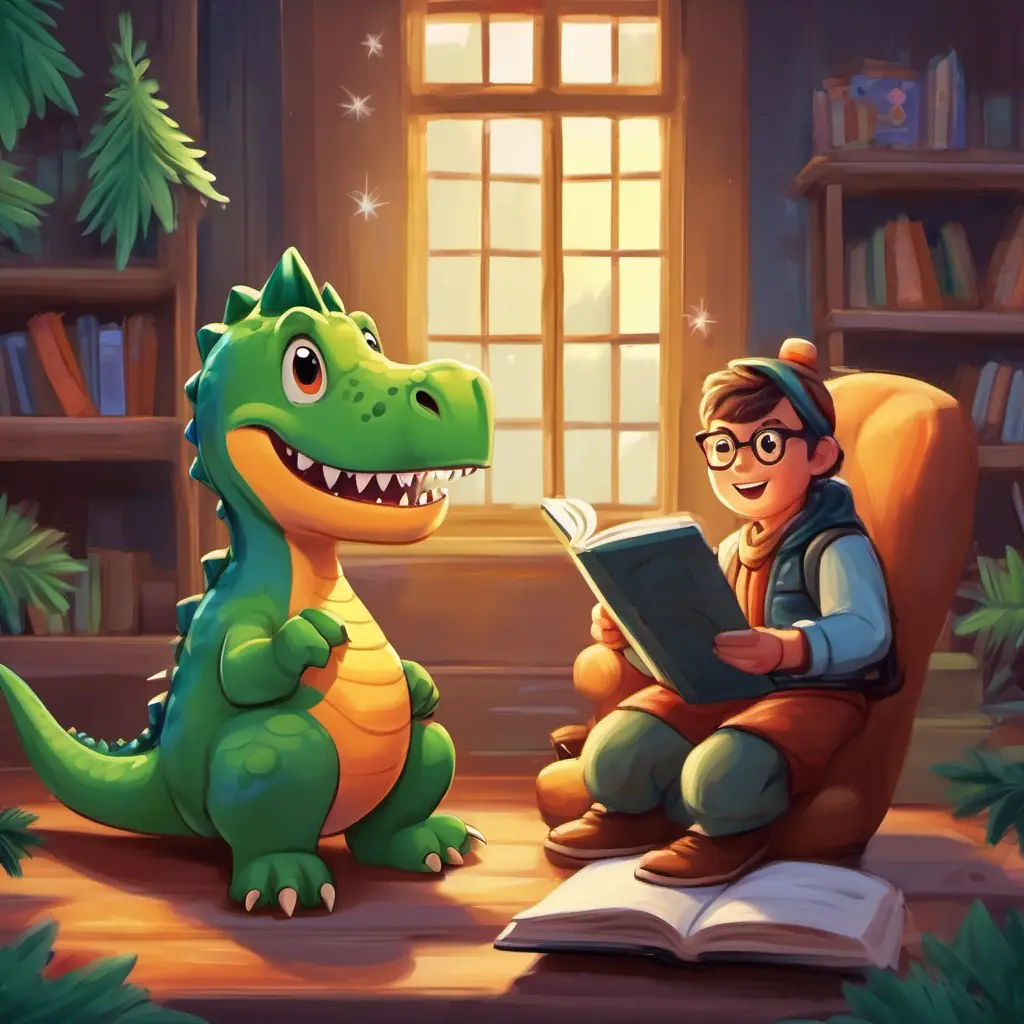 Dino and Rex reading together, with Dino expressing gratitude to Rex.