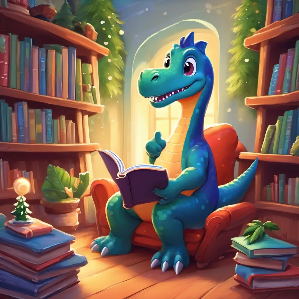 Dino reading a book independently, receiving cheers from Rex, and sharing a hug.