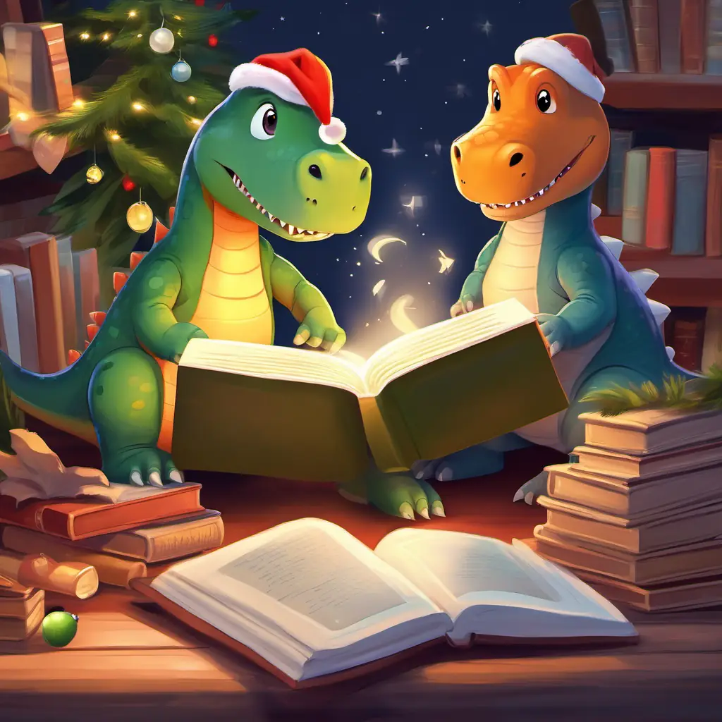 Dino and Rex reading together, cherishing their friendship and love for books.