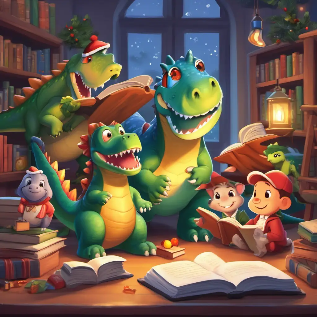 Dino, Rex, and other friends happily helping each other learn to read.