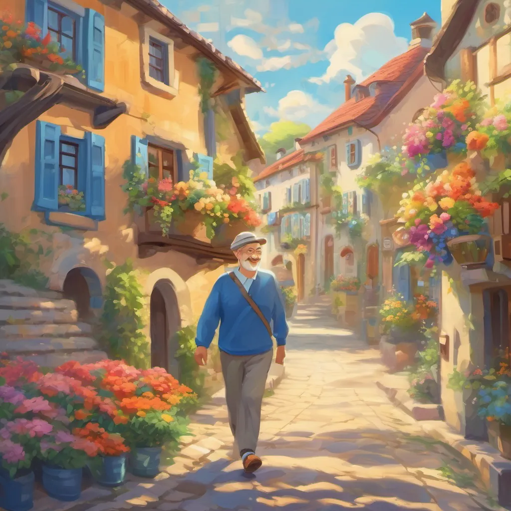 a jolly man with a happy smile and bright blue shoes walking through a picturesque small town, colorful flowers blooming around him, sunny spring day