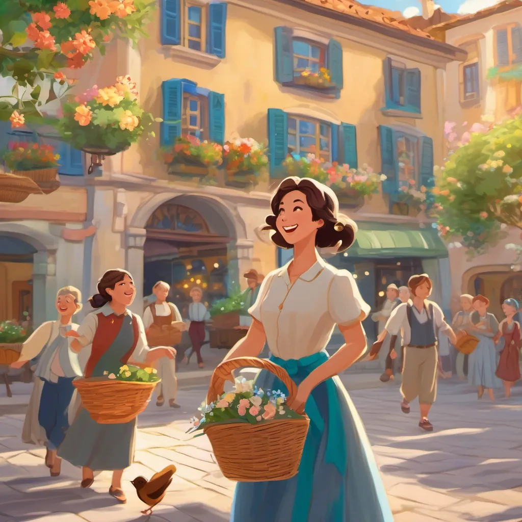 a lady with a radiant smile and a basket of flowers, singing, with birds hovering and fluttering around her in a lively town square