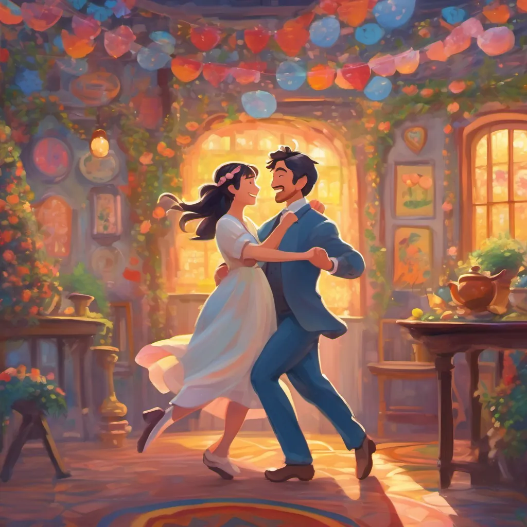 a couple dancing with cheerful faces, surrounded by a whimsical background indicating joy and love