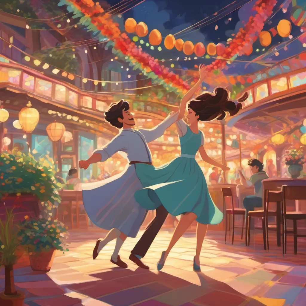 a cheerful illustration of a couple dancing amidst a lively background, with whimsical motion lines showing their fun movements