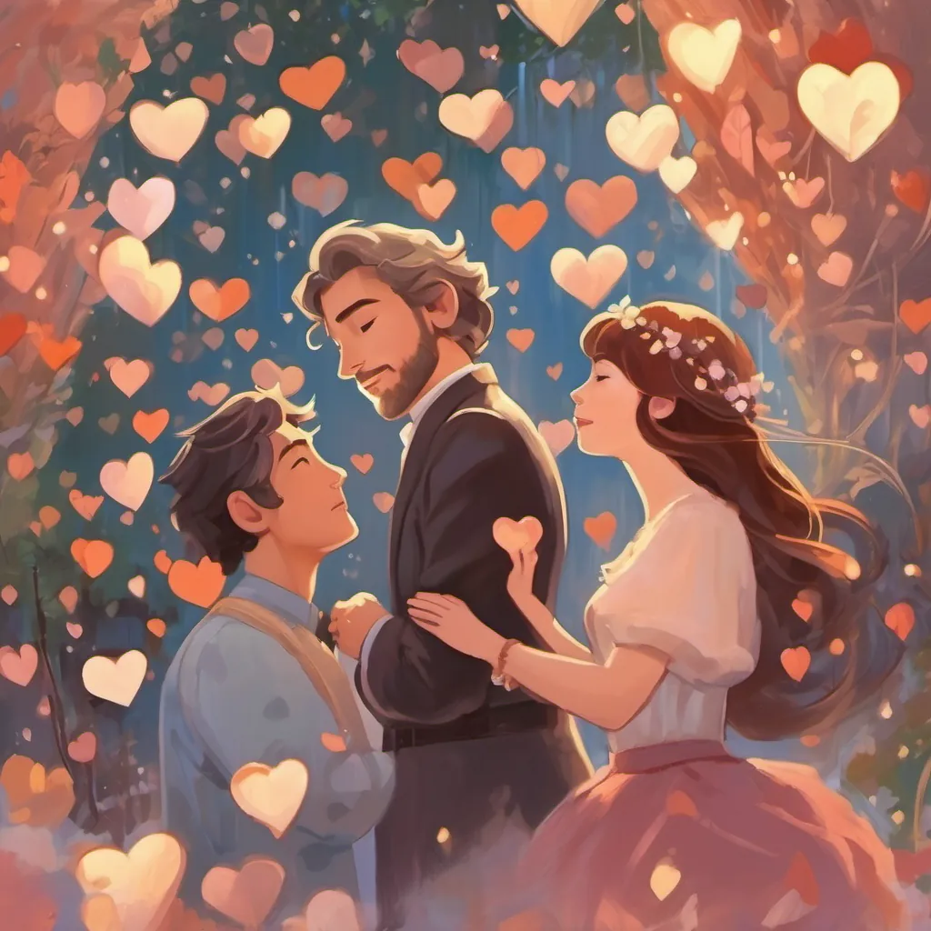 a man looking dreamy, captivated by a lady singing, with heart shapes and musical notes floating around him