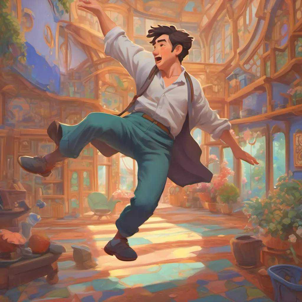 a man losing his balance, tripping and flipping mid-dance, with a playful, whimsical background