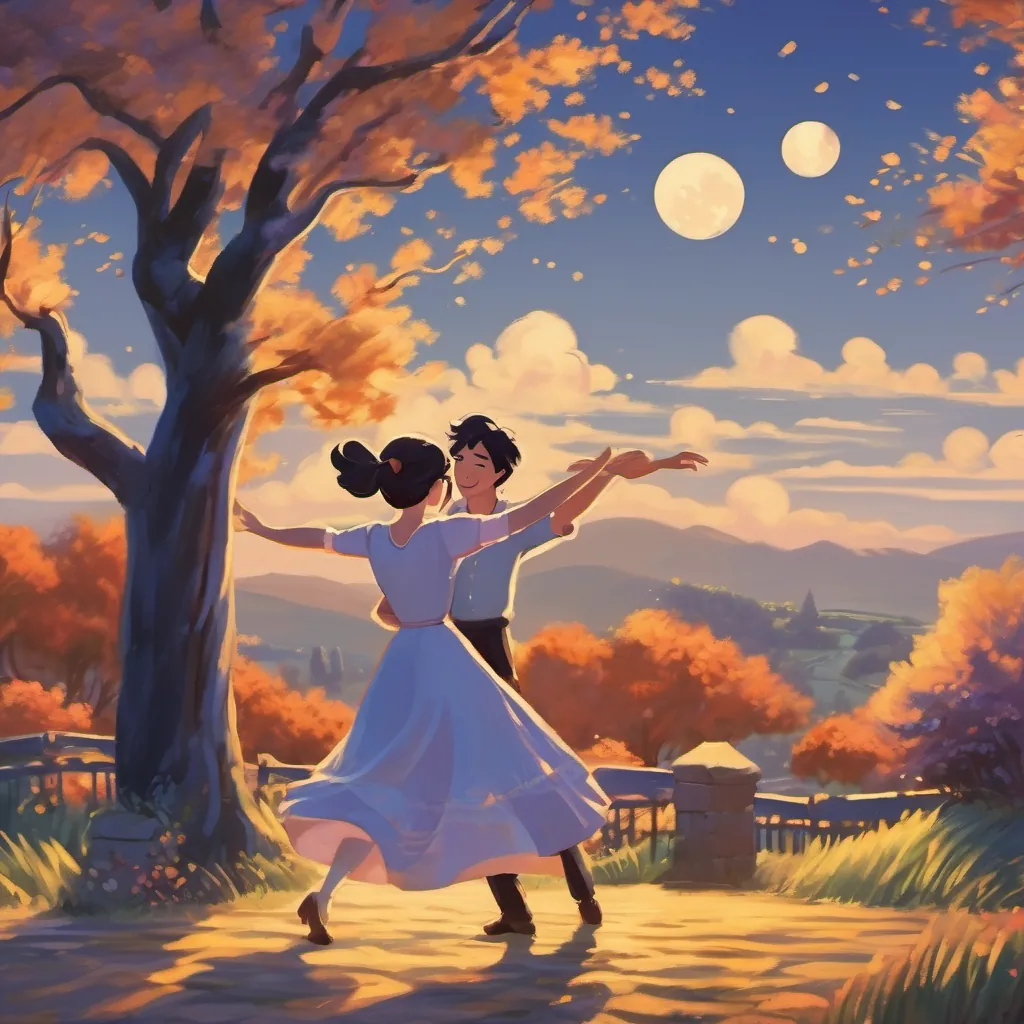 a couple dancing under the moonlight with joyful expressions, casting long shadows in a picturesque scene