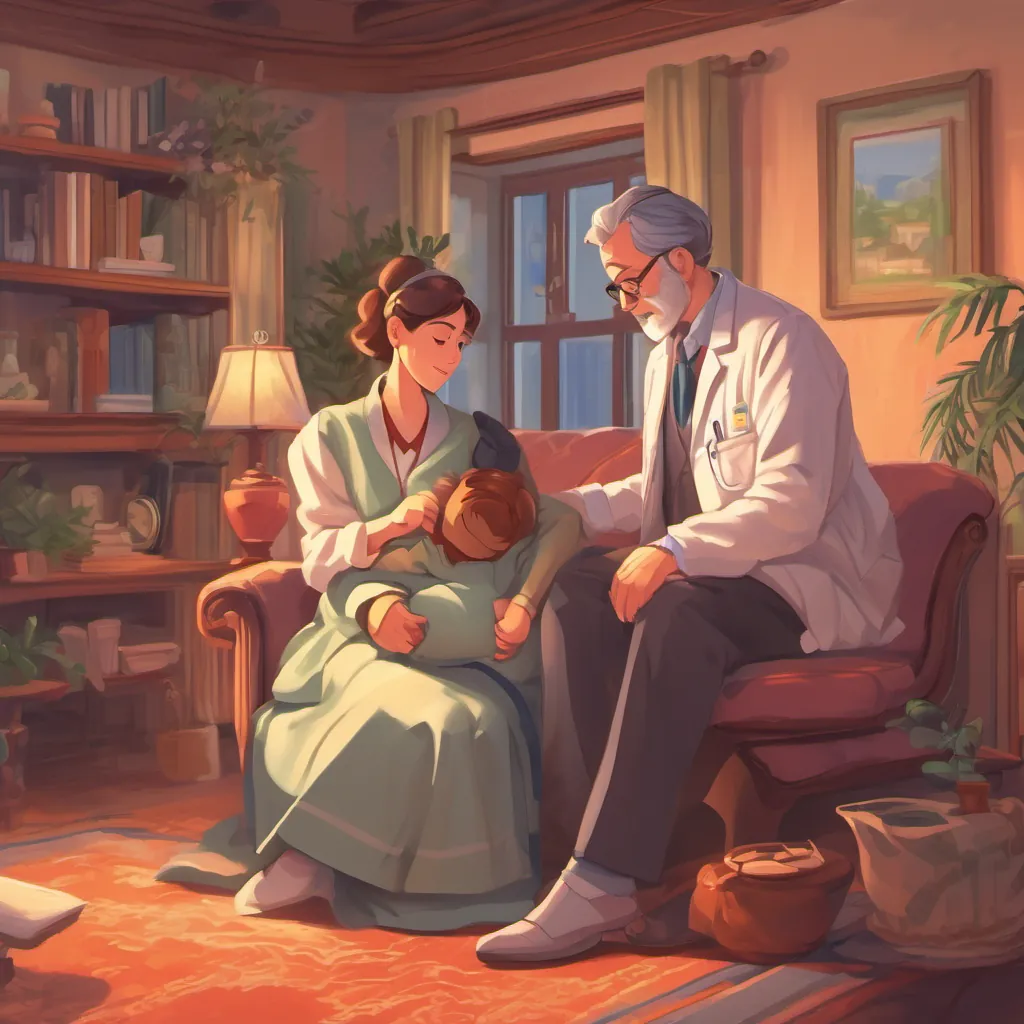 a doctor and a lady attending to a man with a hurt hip, in a comfy living room with reassuring expressions