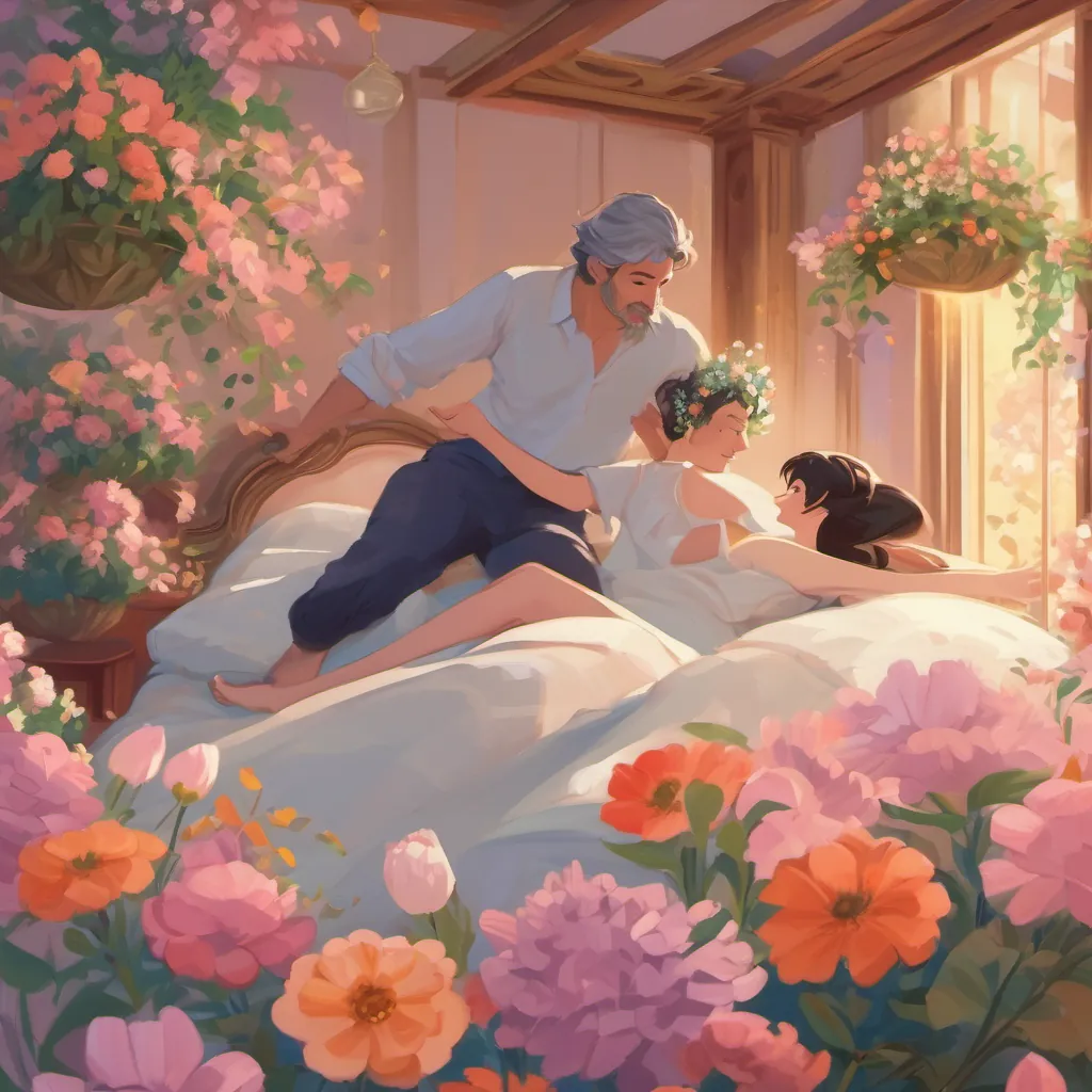 a man resting in bed with flowers around, transitioning to him joyfully dancing with a lady again