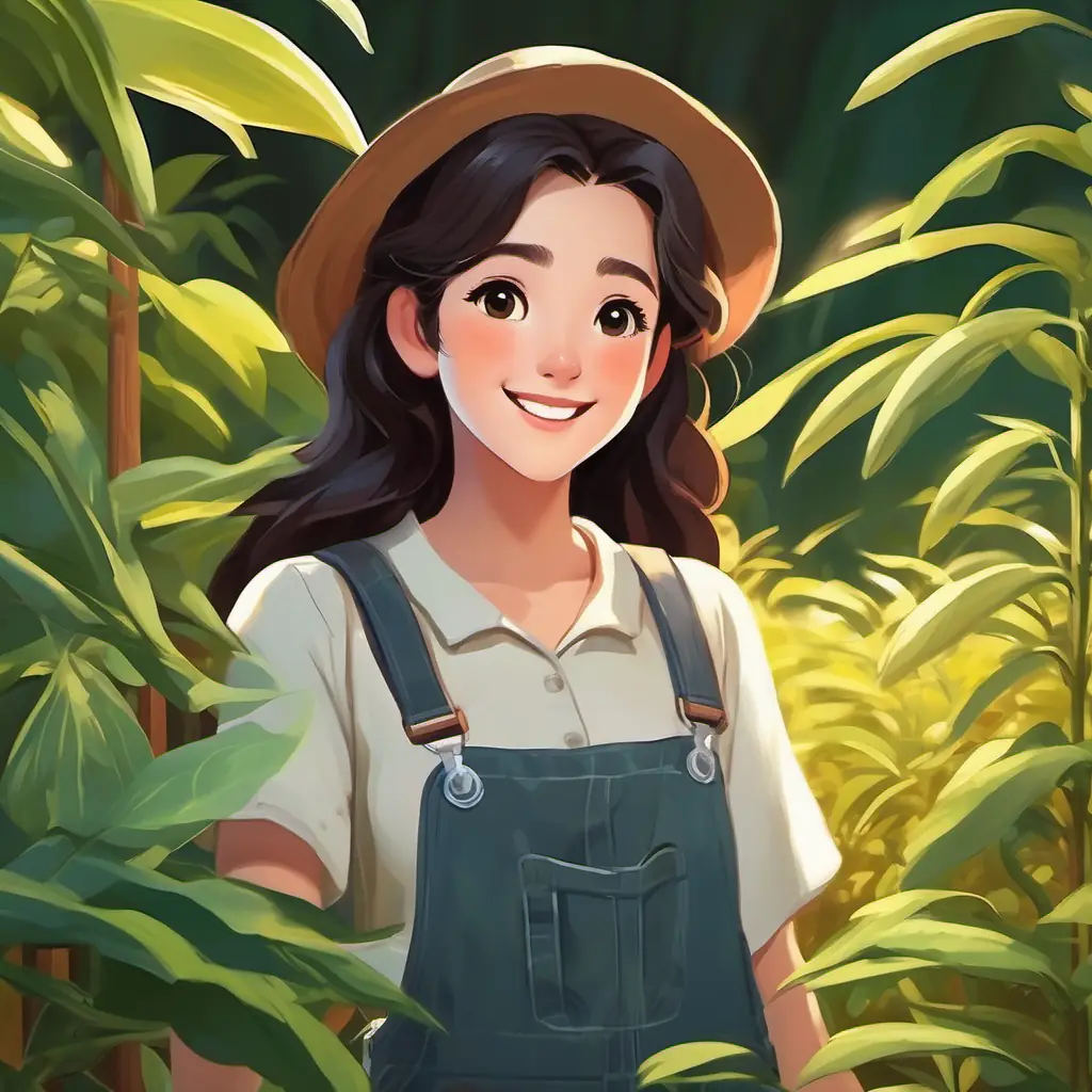 Dark hair, deep brown eyes, usually wearing overalls and a wide smile observes the growing plants, showing excitement.