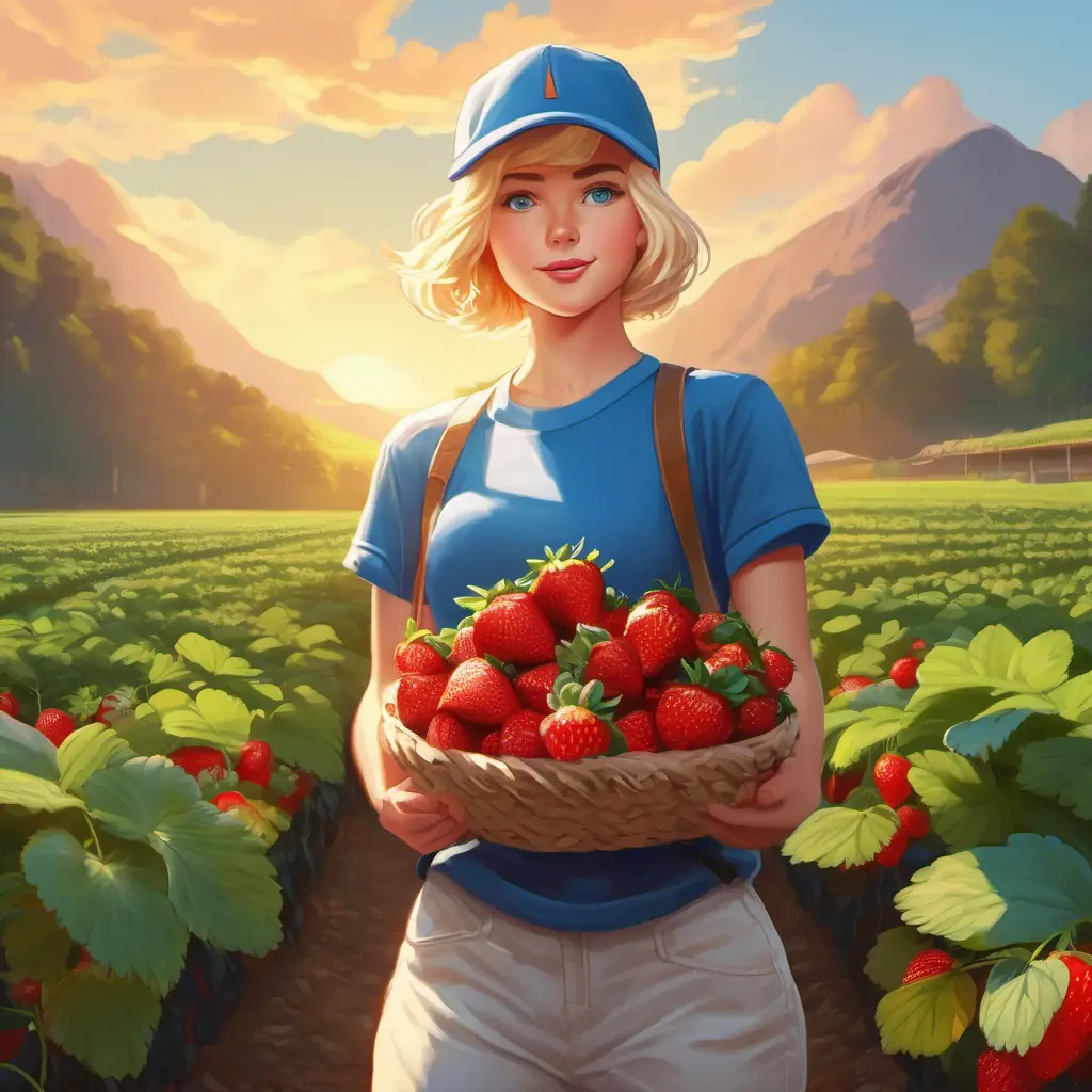 Short blonde hair, blue eyes, always in a baseball cap and t-shirt credits success to teamwork, including picking a ripe strawberry.